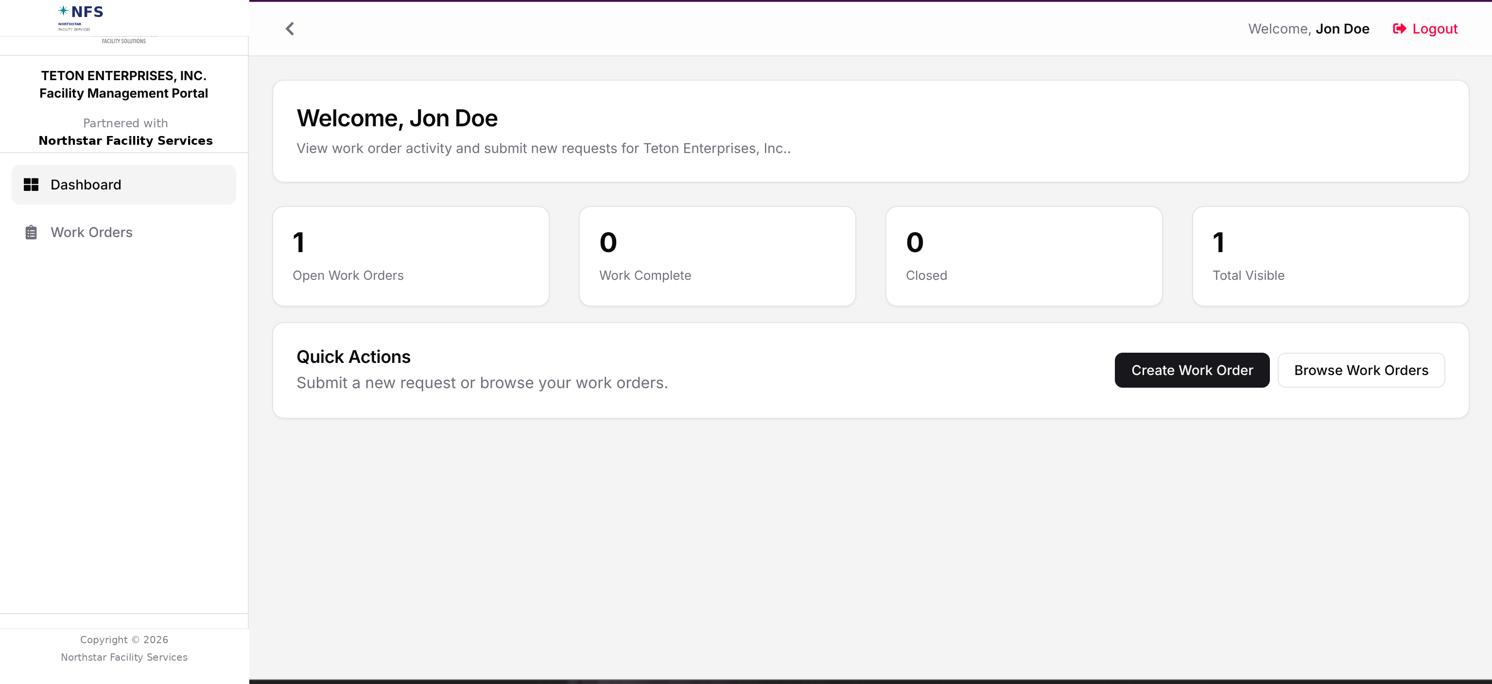 FMM customer portal showing visible work order counts and quick actions.