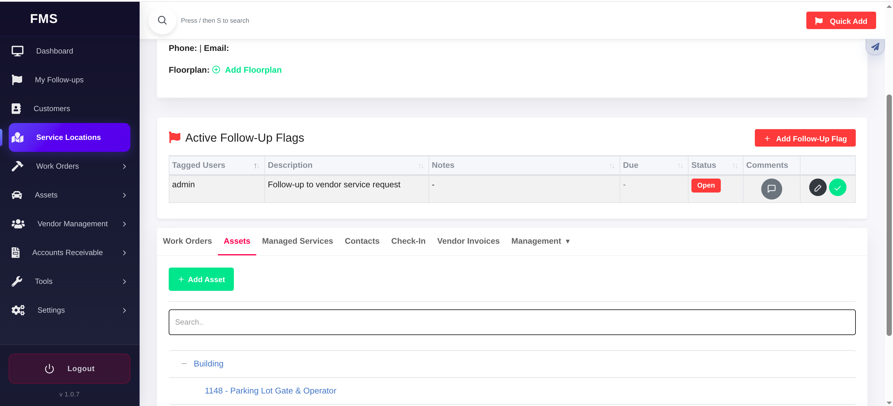 FMM service location record showing follow-up flags and the assets tab.