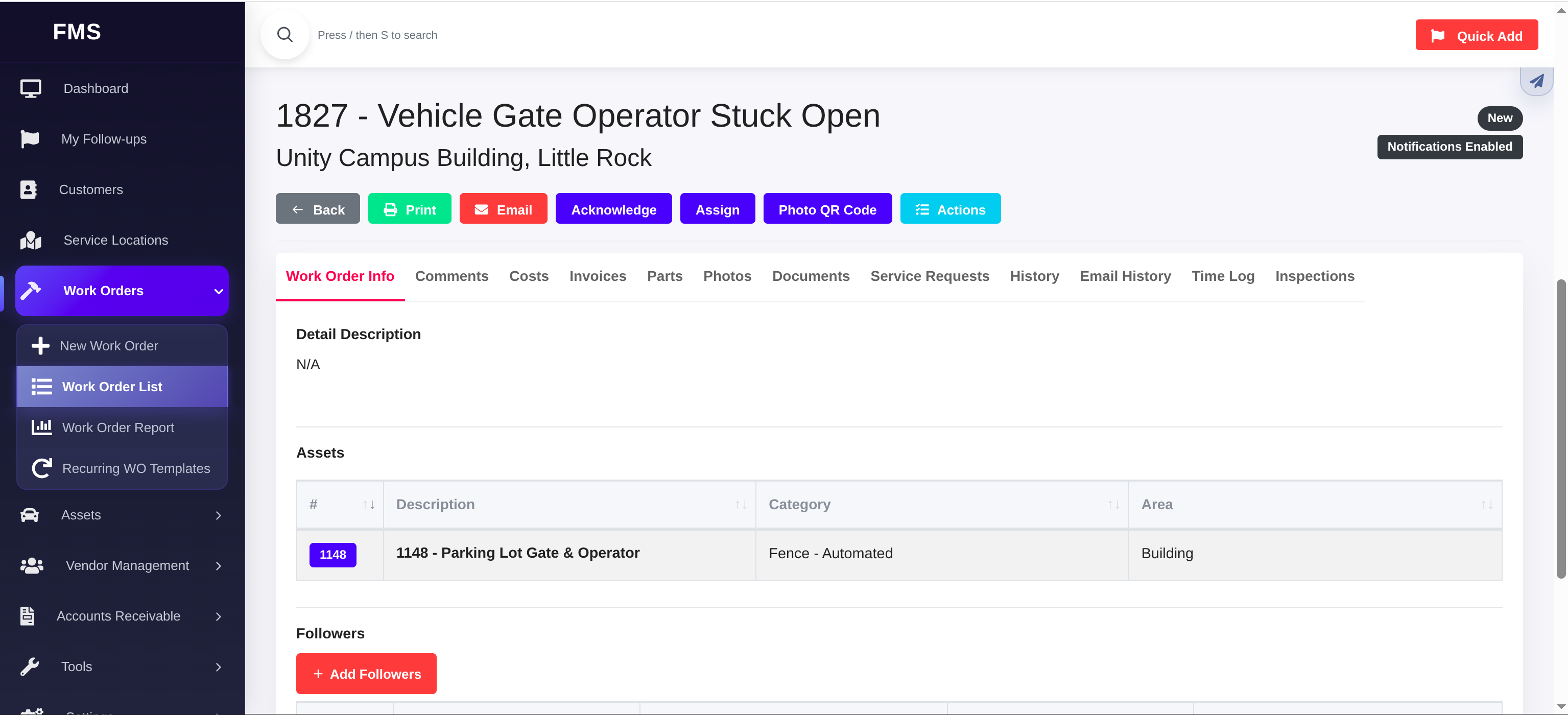 FMM work order detail with action buttons, record tabs, and linked asset table.