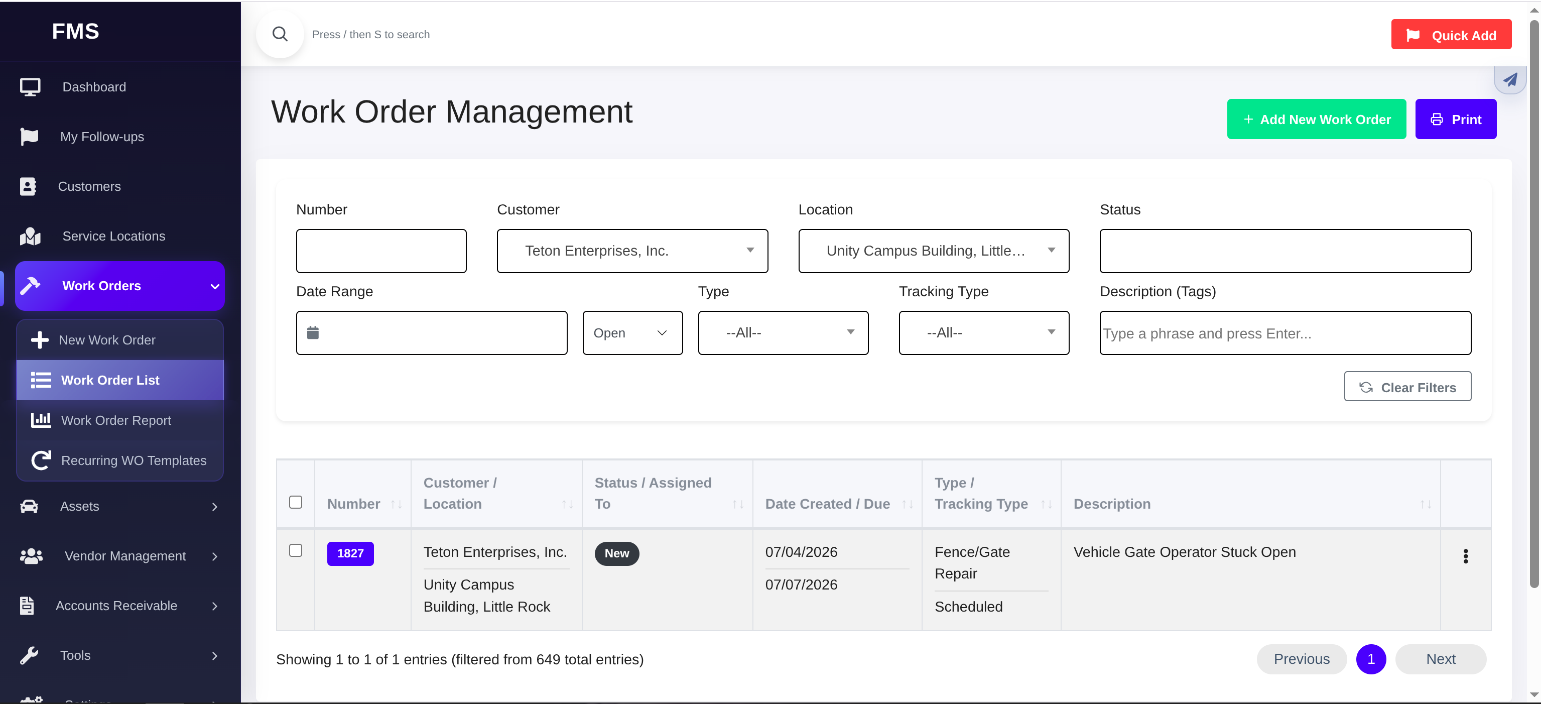 FMM work order management list with filter controls and one selected work order.