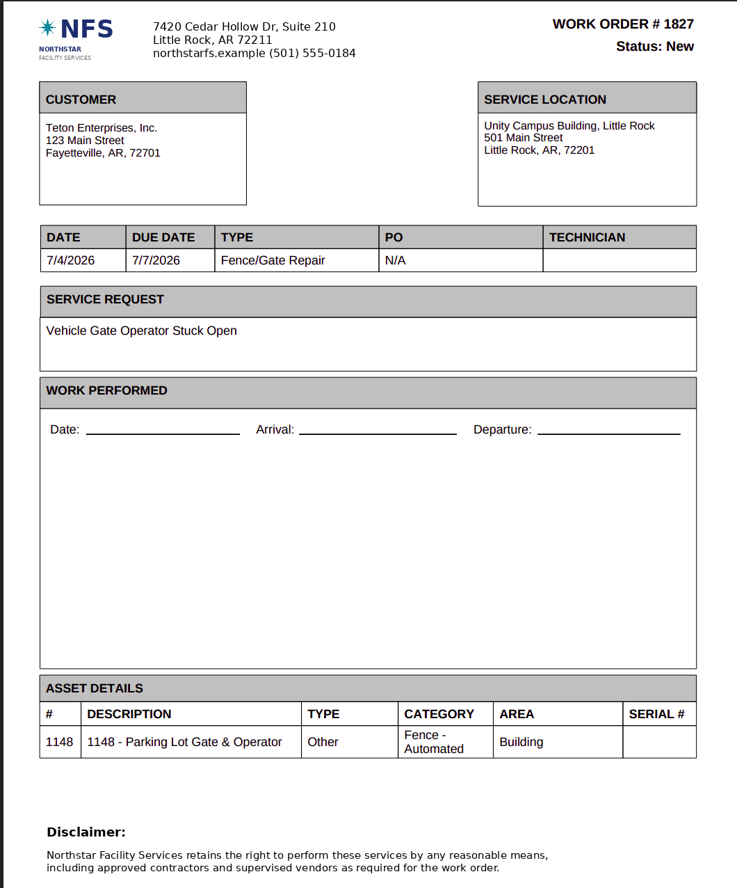 Printable work order ticket with customer, location, service request, and asset details.